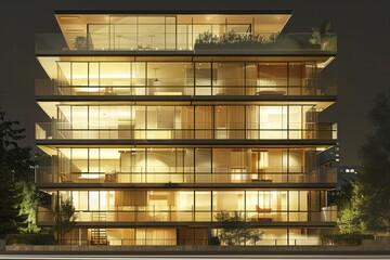 Modern apartment building with warm lighting at night showcasing contemporary design and urban living
