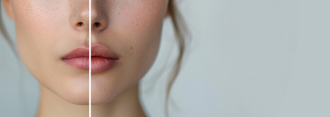 Banner template: Before and after lip filler injections. Close-up of lip augmentation. Plastic surgery.