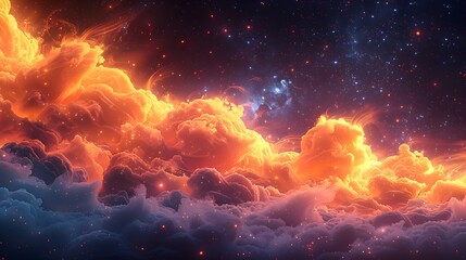 Vibrant Pop Art Comic Book Explosion in Dramatic Cosmic Sky with Glowing Fiery Clouds and Radiant Stars
