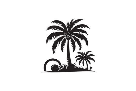 create a coconat tree logo silhouette vector with white background