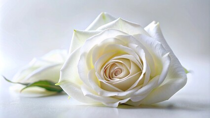 Beautifully arranged white rose with petals scattered on a white background, creating an elegant and timeless image for greeting cards, texture for text