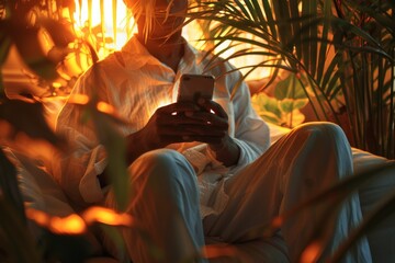 Obraz premium Silhouetted Person Using Phone in Tropical Setting