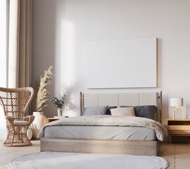 Mock up poster in  bedroom interior background, modern Scandinavian style, 3D render