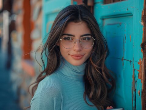 young woman with long, flowing hair leans against a weathered turquoise door, her gaze fixed on something off-screen.