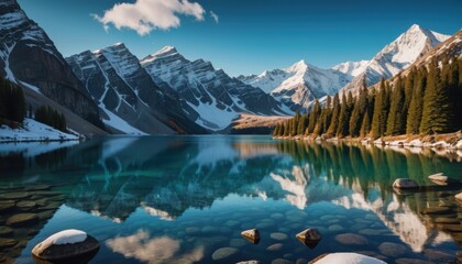 environment, Breathtaking Mountain Lake with Reflections on Water and Snow-Capped Peaks