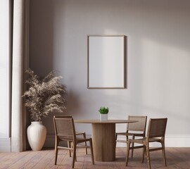 Mock up poster in diningroom interior background, Scandinavian style, 3D render