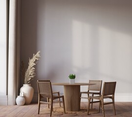 blank wall in diningroom interior background, Scandinavian style, 3D render