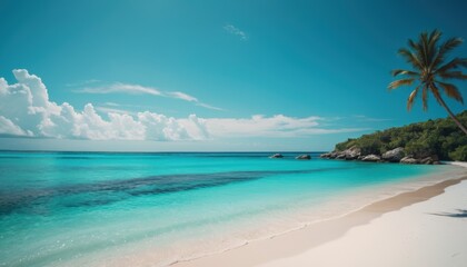 Fototapeta premium environment, Paradise Beach: A Tranquil Scene of Palm Trees and Crystal Clear Waters.