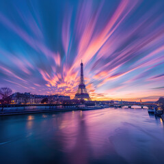 Obraz premium The Eiffel Tower by the Seine River at sunset
