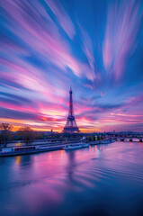 The Eiffel Tower by the Seine River at sunset