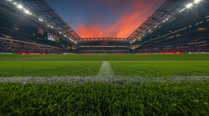 Vibrant Sunset Illuminates Packed Stadium During Exciting Soccer Match in Enthusiastic Atmosphere