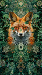Obraz premium Fox Amidst fractal forest, divine sacred spirit