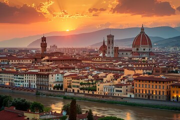 Fototapeta premium Sunset View of Historic Cityscape with Tower and River