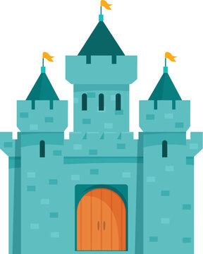 Classic medieval stone castle is brightly colored with flags flying