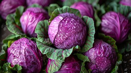 Red Cabbage Heads Piled Together Revealing Rich Purple Color and Texture