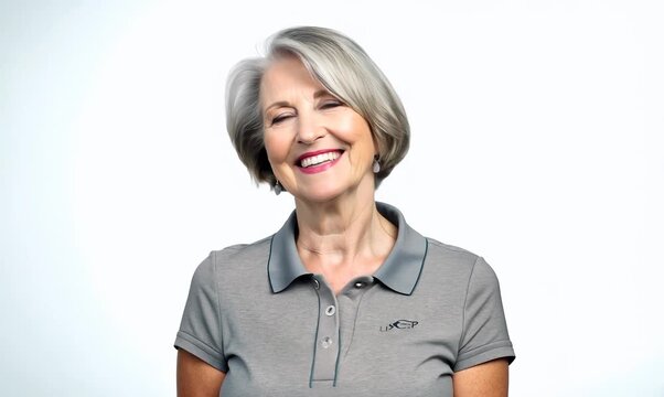 Pet portrait video of a pleased woman in her 60s wearing a sporty polo shirt against a white background