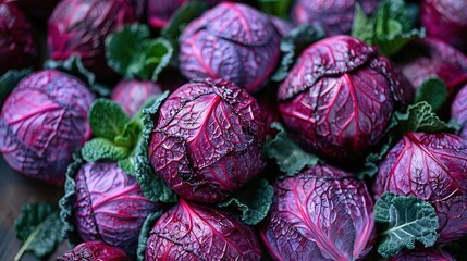 Red Cabbage Heads Piled Together Revealing Rich Purple Color and Texture