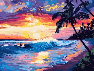 Vibrant Tropical Sunset Beach Scene with Colorful Surfboard Graphic and Surfers