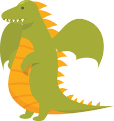 Cartoon illustration of a smiling green dragon with an orange underbelly and spikes