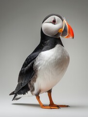 Naklejka premium Grey and White Puffin Bird with Orange Beak and Feet, Standing on Ground