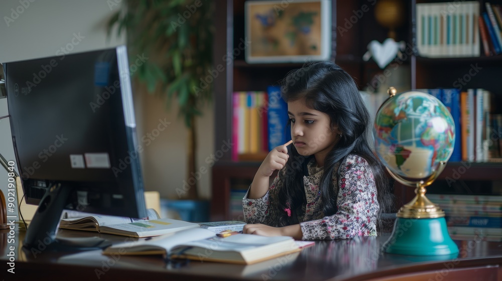 Poster Asian Indian girl child studying at home on study table with computer, books, Globe model, victory trophy