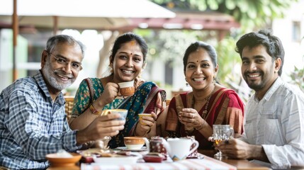 Obraz premium Cheerful Indian family enjoying tea or coffee together, looking at the camera