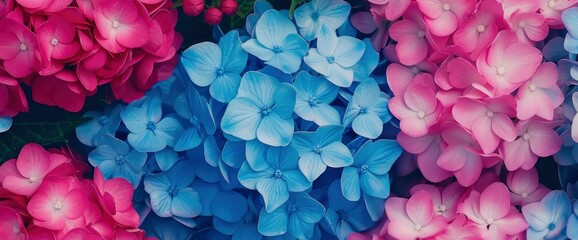 Obraz premium Beautiful Fresh Blue And Pink Hydrangea And Delphinium Flowers, Close-Up Vertical View, Capturing Nature'S Elegance