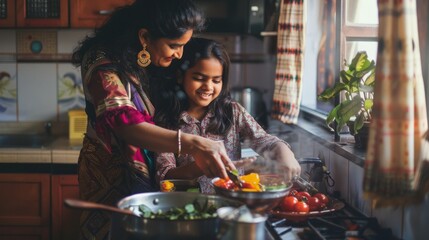 Indian mother daughter cooking in kitchen