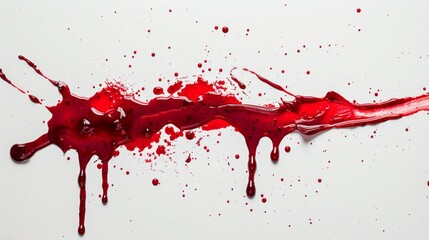A crimson splatter of blood, isolated on a white background, with a thick line of blood running horizontally across the frame.