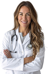 Fototapeta premium A woman in a white lab coat is smiling and posing for a picture