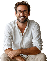A man wearing glasses and a white shirt is smiling