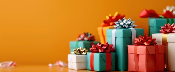 Colorful Gift Boxes With Ribbons On An Orange Background, Providing A Lively And Cheerful Scene
