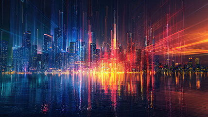 Glorious Abstract skyline at night in the future with light line, created by technology