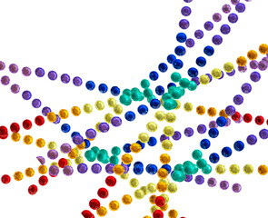 Straight lines of faux rhinestones or gems crisscross making an abstract isolated design. Jewelry beads sparkle & are all colors with facets. They look like round dots.