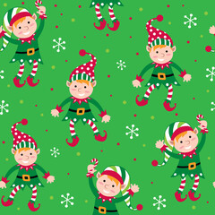 Christmas Cute Elves Seamless Pattern on Green Background- Christmas Vector Illustration