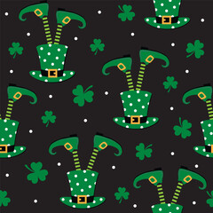 Seamless Pattern of St. Patrick's Day with leprechaun feet and Hat , Black Background- St. Patrick's Day Vector Illustration