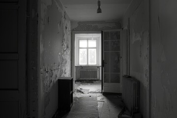 Obraz premium Abandoned room with peeling wallpaper and a large open doorway.