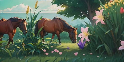 slow motion Cute horse sniffing a lily flower at green pasture, art vibes of joy atmosphere of unity seamless loop animation