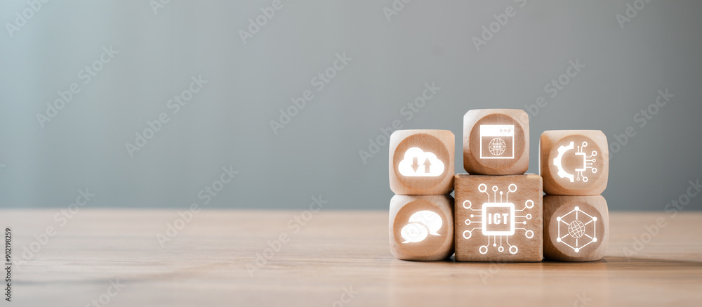 Poster wooden blocks with digital icons symbolizing various aspects of ict, showcasing modern information a