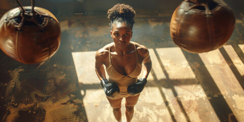 young female boxer stands in a boxing ring, her eyes fixed on the camera, showcasing her determination and focus.