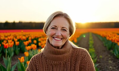 Group portrait video of a pleased woman in her 50s wearing a cozy sweater against a flower field or tulip field background