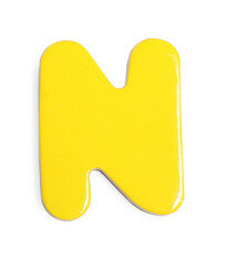 Yellow magnetic letter N isolated on white, top view. Alphabet