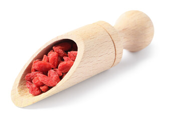 Dried goji berries in wooden scoop isolated on white