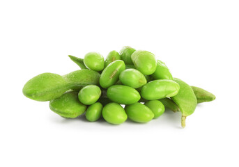 Raw green edamame soybeans and pods isolated on white