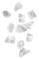 Sea salt crystals in air on white background
