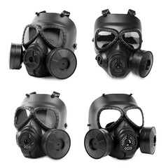 Black gas mask isolated on white, collage