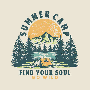 camping illustration mountains graphic lake design summer badge summer vintage drawing cartoon forest