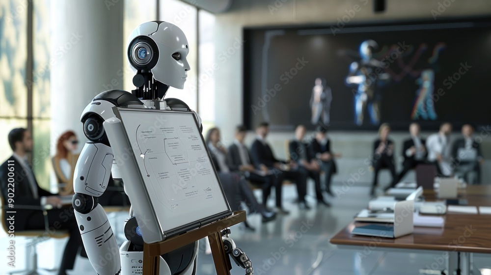 Poster robot standing in front of whiteboard, technology and innovation concept for business presentation