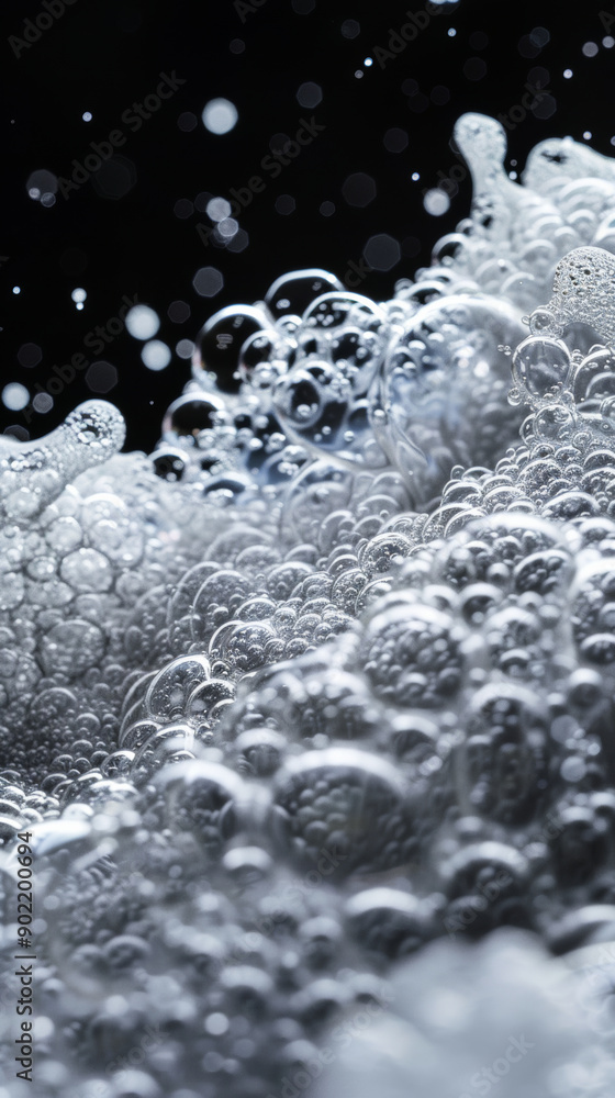Aufkleber Close-up of soap bubbles with bokeh effect on black background