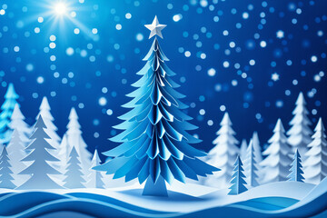 Obraz premium Beautifully decorated Christmas tree standing on a snowy surface, surrounded by a forest of snow-covered trees under a starry night sky.